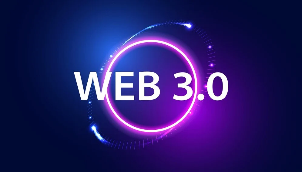 Conceito visual da Web 3.0 com elementos de descentralização e blockchain